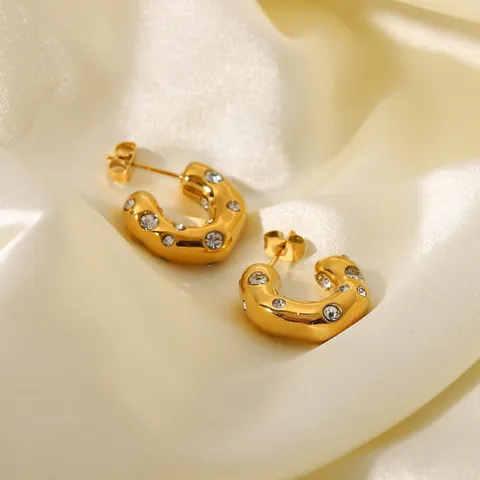 Orecchini a Cerchio C in Acciaio Inossidabile Martellato con Zirconia per Donna Gioielli Galvanici Intarsiati Geometrici