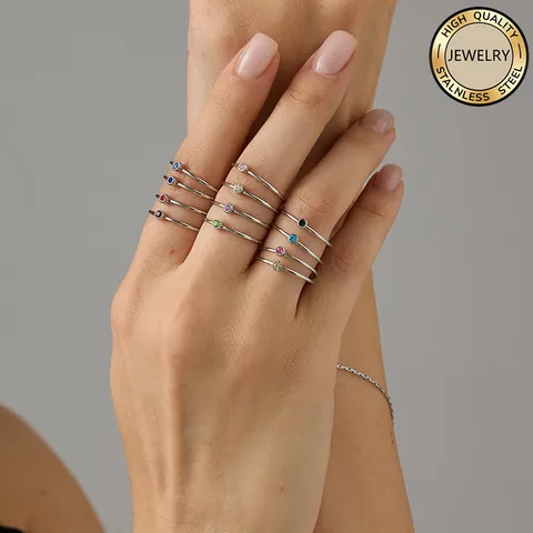 Minimalist Birthstone Ring For Women 316L Stainless Steel Zirconia Thin Finger Ring Gold Silver Plated Jewelry Gift