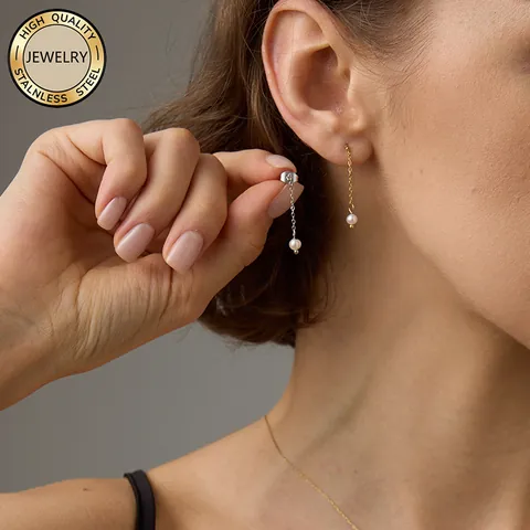 Minimalist 316L Stainless Steel Freshwater Pearl Drop Earrings For Women PVD Gold Plated Delicate Chain Elegant Commuting Jewelry Gift