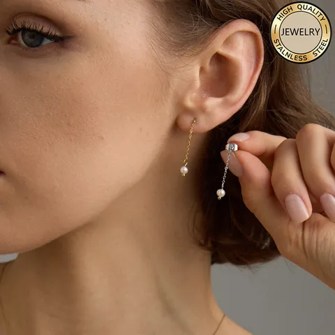 Minimalist 316L Stainless Steel Freshwater Pearl Drop Earrings For Women PVD Gold Plated Delicate Chain Elegant Commuting Jewelry Gift