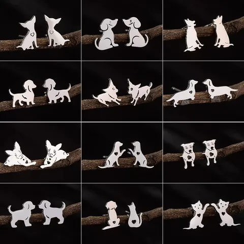 Pendientes de Botón Minimalistas de Acero Inoxidable Silueta Perro Gato Para Mujer Lindo Corazón Hueco Joyería Regalo