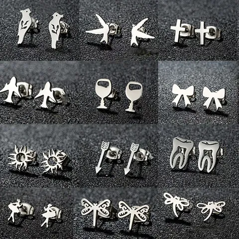 Pendientes de Botón Minimalistas de Acero Inoxidable Para Mujeres Hombres Pájaro Pequeño Mariposa Estrella Luna Libélula Joyería