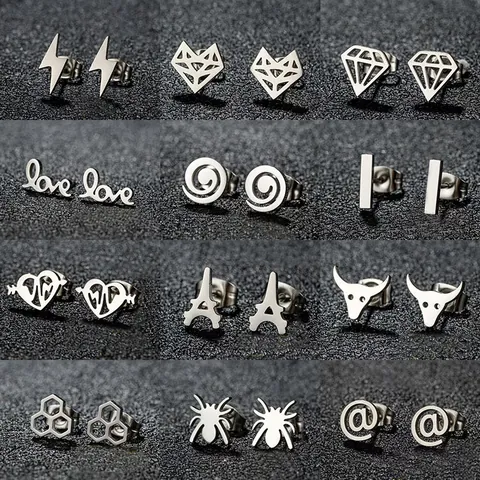 Pendientes de Botón de Acero Inoxidable para Hombre Mujer Moda Punk Minimalista Plateado Rayo Zorro Corazón Araña Torre Eiffel Joyería