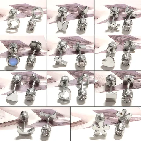 Pendientes de botón de inserción de acero inoxidable para mujer diseño de mariposa corazón serpiente cruz luna flor circonita incrustada joyería de piercing de moda