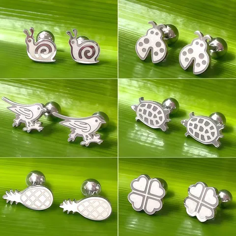 Pendientes de Botón de Acero Inoxidable Animales Plantas Trébol Tortuga Mariquita Caracol Pájaro Joyería de Piercing Bola de Rosca para Hombre Mujer Regalo