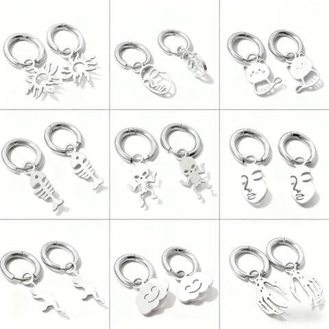 Pendientes de Aro de Acero Inoxidable Para Hombre Mujer Minimalista Punk Gótico Calavera Gato Cara Sol Espina de Pescado Joyería