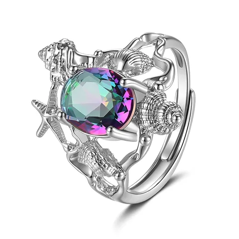 Ocean Theme Shell Starfish Adjustable Ring For Women Large Oval Gemstone Inlaid Artistic Copper Finger Jewelry Accessory
