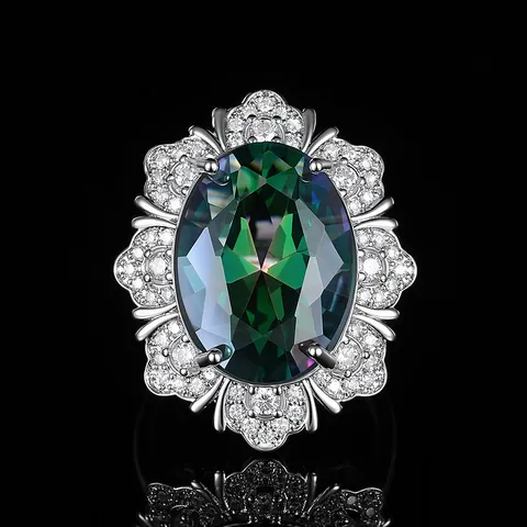 Exaggerated Luxury Vintage Oval Gemstone Flower Cluster Ring For Women Platinum Plated Copper Adjustable Open Ring Jewelry