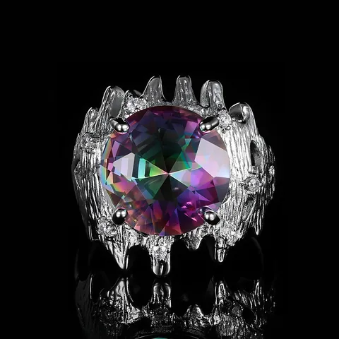 Luxury Round Zirconia Open Adjustable Ring For Women Vintage Molten Lava Texture Copper Finger Ring Party Jewelry
