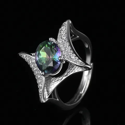 Vintage Luxury Star Adjustable Open Ring Oval Sapphire Ruby Emerald Zirconia Copper Ring For Women Party Jewelry Gift