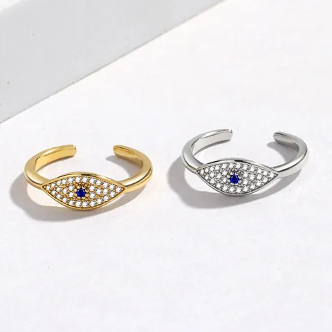 Evil Eye Fashion Ring Blue Eye Open Ring Copper Zirconia Gold Silver Plated Bohemian Jewelry Adjustable Women Finger Ring