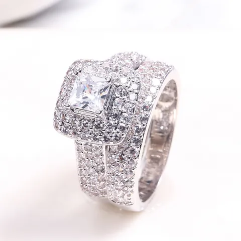 Luxurious Detachable Princess Cut Square Zirconia Double Halo Wedding Engagement Rings Women Silver Plated Copper