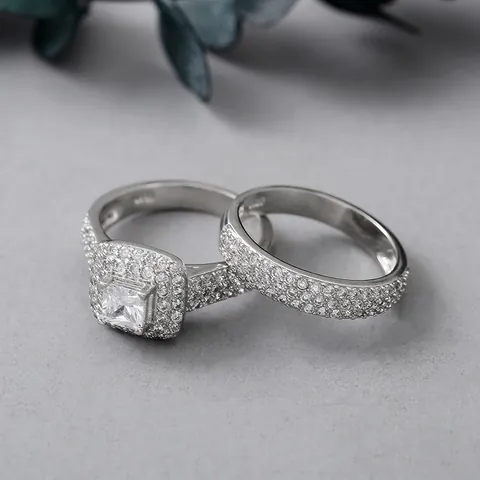 Luxurious Detachable Princess Cut Square Zirconia Double Halo Wedding Engagement Rings Women Silver Plated Copper