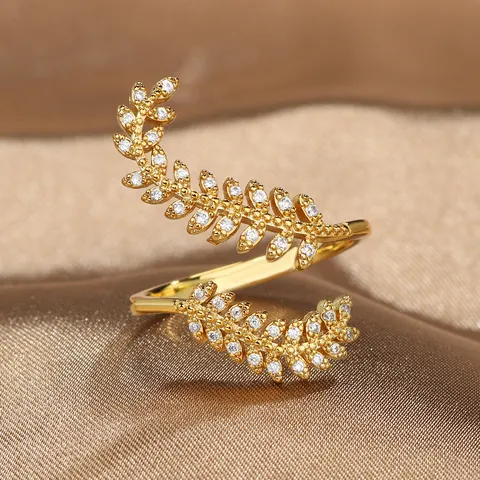 Copper Gold Silver Plated Olive Branch Leaf Open Ring For Women Zirconia Adjustable Fashion Finger Jewelry Wrap Ring Accessory