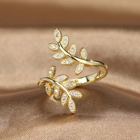 Elegant Olive Branch Open Ring For Women Copper Zirconia Inlaid Adjustable Leaf Finger Ring Nature Inspired Fashion Jewelry