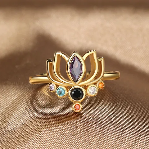 Elegant Lotus Flower Adjustable Open Ring For Women Multi Color Zirconia Gold Silver Plated Copper Floral Jewelry Ring