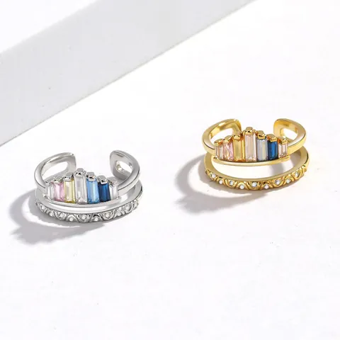 Korean Fashion Rainbow Crown Adjustable Open Ring Copper Micro Pave Zirconia Jewelry For Women Gold Silver Rose Gold