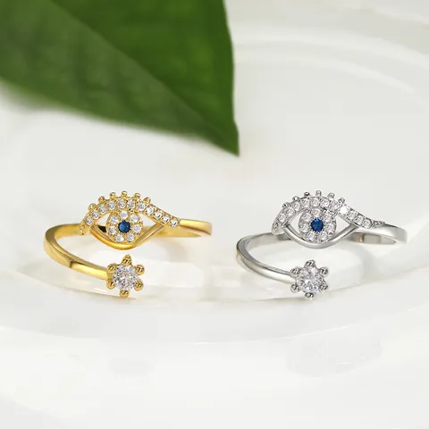 Trendy Copper Zirconia Evil Eye Open Ring For Women Bohemian Adjustable Gold Silver Plated Fashion Jewelry Finger Ring