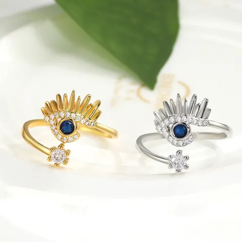 Evil Eye Open Adjustable Ring For Women Gold Silver Plated Copper Cubic Zirconia Eyelash Fashion Finger Jewelry Gift