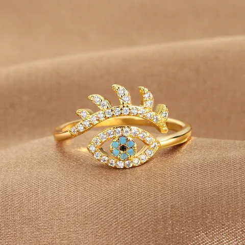 Fashion Copper Evil Eye Open Ring For Women Unique Zirconia Eyelash Design Adjustable Blue Eye Finger Ring Jewelry