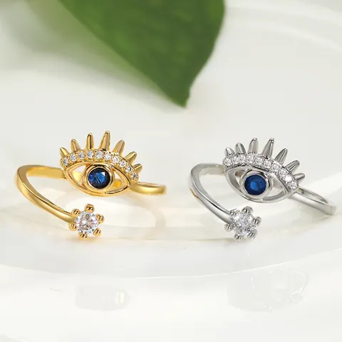 Trendy Evil Eye Open Ring For Women Adjustable Zirconia Inlaid Gold Silver Plated Copper Fashion Finger Jewelry Gift