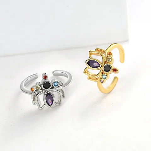 Elegant Lotus Flower Adjustable Open Ring For Women Multi Color Zirconia Gold Silver Plated Copper Floral Jewelry Ring