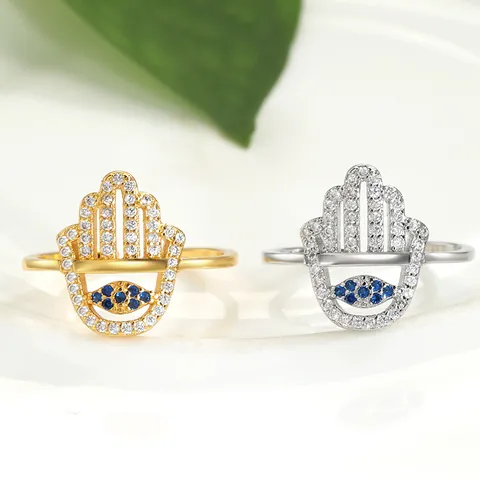 Hamsa Hand Evil Eye Open Ring For Women Men Copper Gold Silver Plated Zirconia Adjustable Ethnic Amulet Jewelry Finger Ring Gift