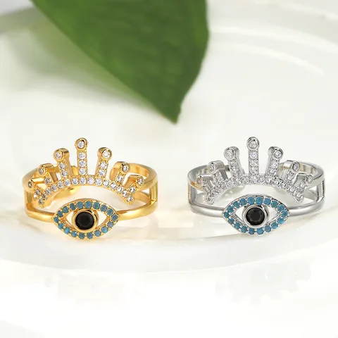 Creative Evil Eye Open Adjustable Ring For Women Copper Gold Silver Plated Crown Inlaid Blue White Zirconia Fashion Jewelry