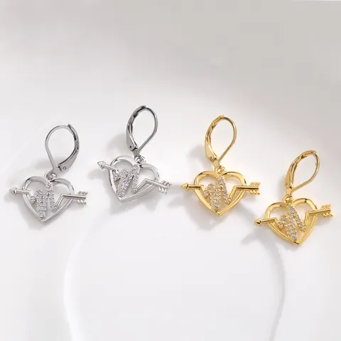 Copper Heart Dangle Earrings With Zirconia Heartbeat Line And Arrow Design Leverback Earrings For Women Fashion Jewelry