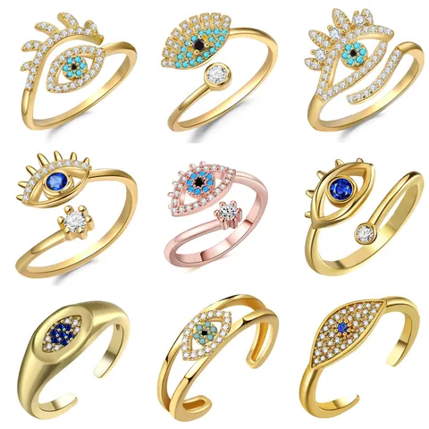 Fashion Adjustable Evil Eye Open Ring For Women Men Copper Cubic Zirconia Blue Eye Ring Gold Silver Plated Bohemian Jewelry Gift