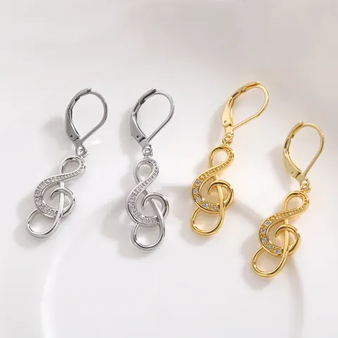 Fashion Treble Clef Music Note Leverback Earrings For Women Copper Micro Paved Zirconia Musical Symbol Drop Earrings Jewelry Gift