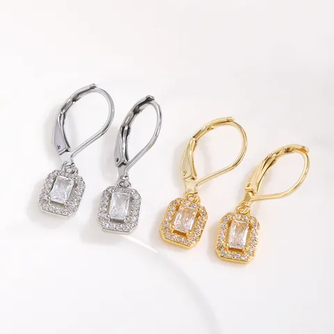 Emerald Cut Zirconia Leverback Earrings Copper Rectangular Geometric Rhinestone Hoop Earrings For Women Elegant Fashion Jewelry