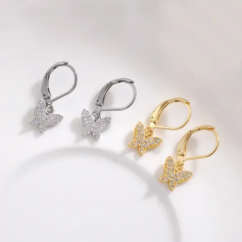 Fashionable Copper Butterfly Drop Earrings Micro Inlaid Zirconia French Lever Back Closure Gold Silver Plated Jewelry For Women