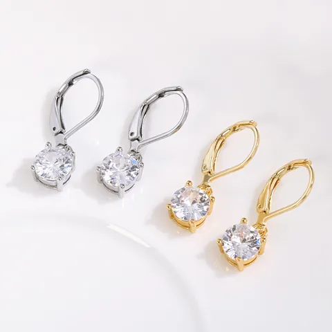 Women Elegant Round Cubic Zirconia Leverback Earrings Gold Plated Copper Four Prong French Ear Hook Fashion Jewelry Accessory