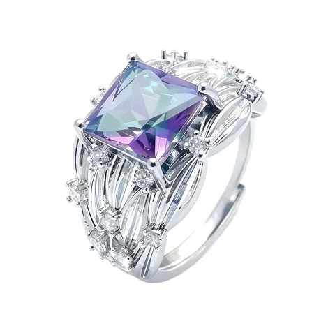 Princess Style Gold Plated Copper Square Rainbow Zircon Adjustable Open Ring Elegant Luxury Jewelry For Women Gift