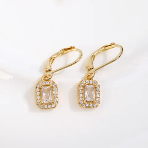 Emerald Cut Zirconia Leverback Earrings Copper Rectangular Geometric Rhinestone Hoop Earrings For Women Elegant Fashion Jewelry