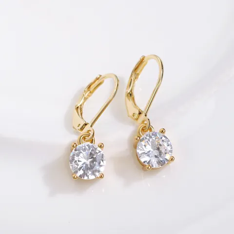 Women Elegant Round Cubic Zirconia Leverback Earrings Gold Plated Copper Four Prong French Ear Hook Fashion Jewelry Accessory