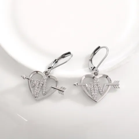 Copper Heart Dangle Earrings With Zirconia Heartbeat Line And Arrow Design Leverback Earrings For Women Fashion Jewelry