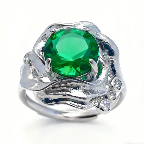 Luxurious Copper Flower Open Ring With Round Synthetic Gemstone Red Blue Green Zirconia Inlaid Adjustable Jewelry For Women
