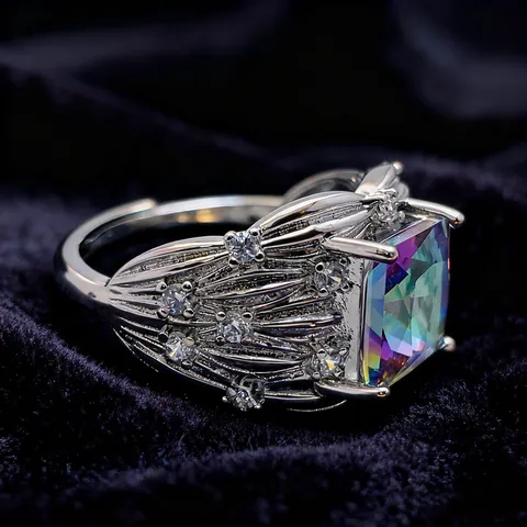 Princess Style Gold Plated Copper Square Rainbow Zircon Adjustable Open Ring Elegant Luxury Jewelry For Women Gift