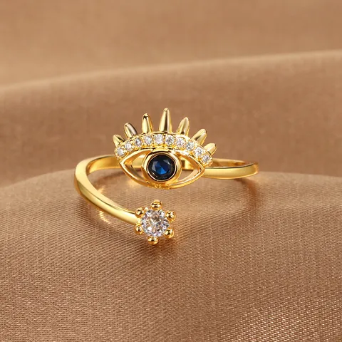 Trendy Evil Eye Open Ring For Women Adjustable Zirconia Inlaid Gold Silver Plated Copper Fashion Finger Jewelry Gift