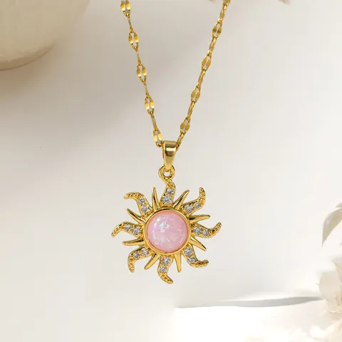 Luxury Stainless Steel Sunflower Pendant Necklace Pink Synthetic Opal Zirconia Inlaid Gold Plated Choker Jewelry For Women