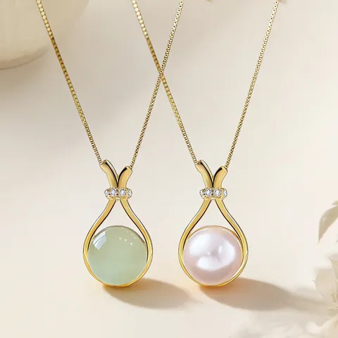 Collana Con Ciondolo A Sacchetto Della Fortuna In Stile Cinese In Acciaio Al Titanio Con Finta Giada E Künstliche Perle Regalo Per Donna