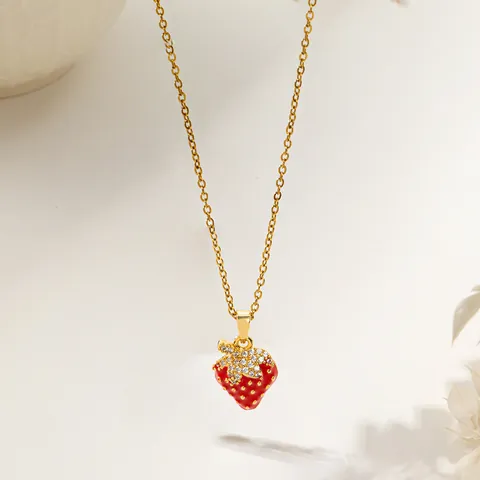 Korean Style Fruit Pendant Necklace Gold Plated Copper Zirconia Cherry Strawberry Grape Necklaces For Women Elegant Jewelry