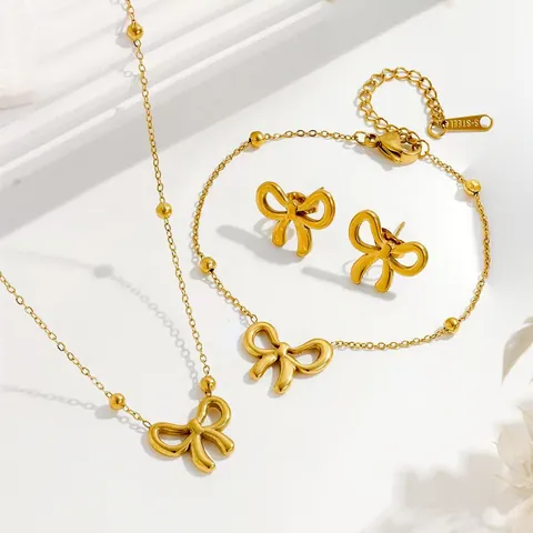 Schleife Edelstahl Schmuckset Für Damen Titanstahl Halskette Armband Ohrringe Gold Silber Minimalistischer Schmuck