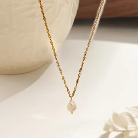 Elegant Gold Plated Titanium Steel Water Ripple Chain Necklace With Baroque Freshwater Pearl Pendant For Women Jewelry