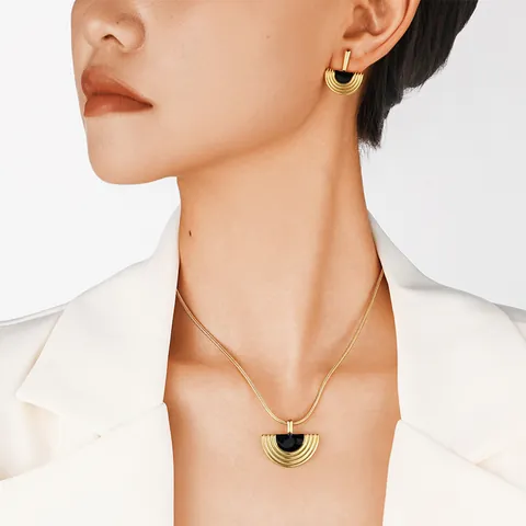 Set di Gioielli in Acciaio Inossidabile Vintage Francese con Collana e Orecchini a Ventaglio Oro Nero Smalto per Donna Regalo