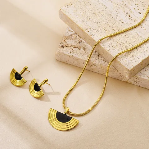 Set di Gioielli in Acciaio Inossidabile Vintage Francese con Collana e Orecchini a Ventaglio Oro Nero Smalto per Donna Regalo