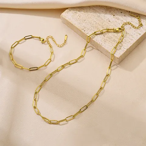 Minimalist Stainless Steel Paperclip Chain Jewelry Set For Women Gold Steel Color Link Necklace Adjustable Bracelet Punk Hip Hop Accessories