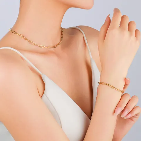 Minimalist Stainless Steel Paperclip Chain Jewelry Set For Women Gold Steel Color Link Necklace Adjustable Bracelet Punk Hip Hop Accessories